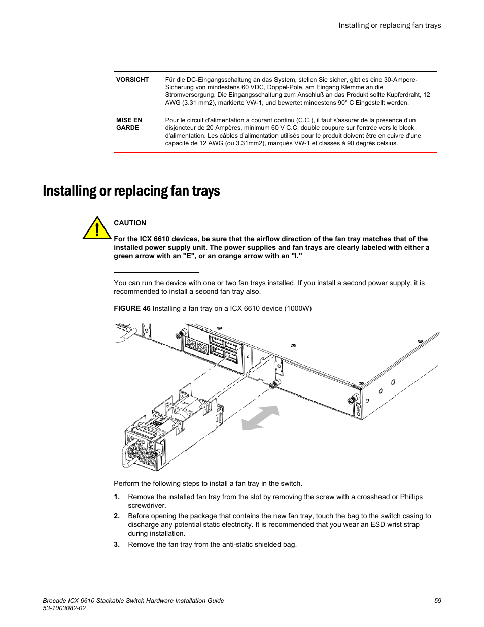 Installing or replacing fan trays | Brocade ICX 6610 Stackable Switch Hardware Installation Guide User Manual | Page 61 / 108