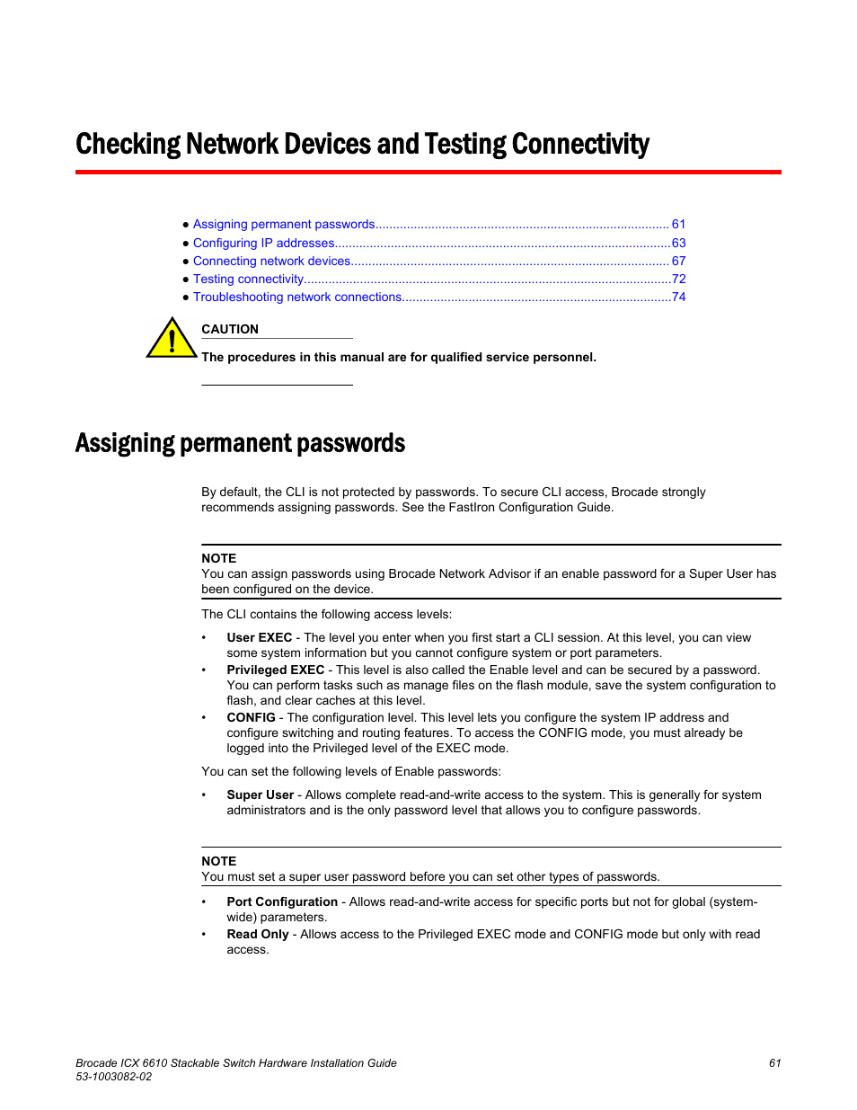 Checking network devices and testing connectivity, Assigning permanent passwords | Brocade ICX 6610 Stackable Switch Hardware Installation Guide User Manual | Page 63 / 108