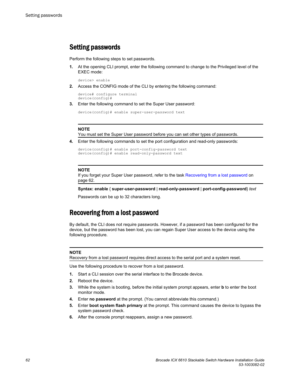 Setting passwords, Recovering from a lost password, Setting passwords recovering from a lost password | Brocade ICX 6610 Stackable Switch Hardware Installation Guide User Manual | Page 64 / 108