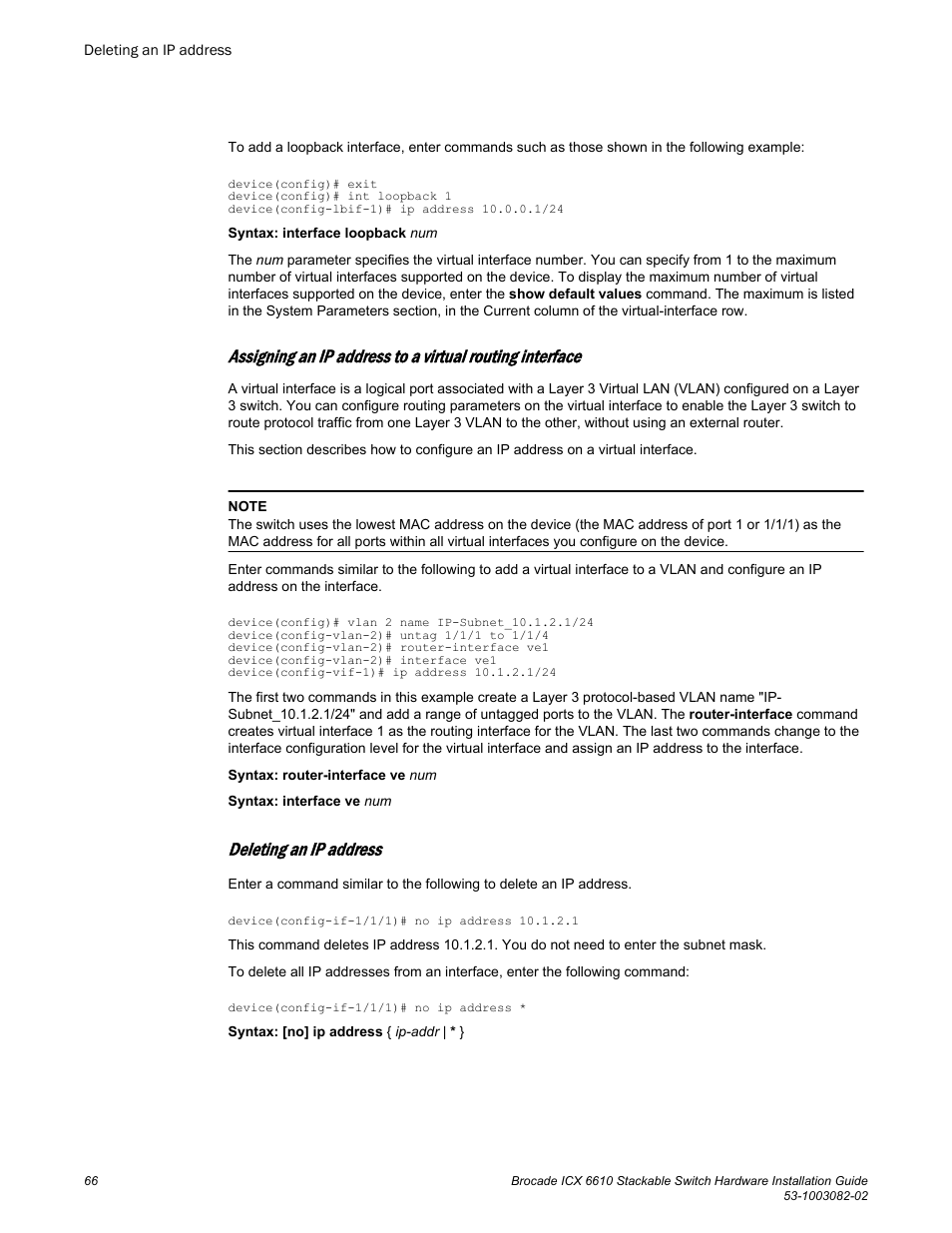Deleting an ip address | Brocade ICX 6610 Stackable Switch Hardware Installation Guide User Manual | Page 68 / 108