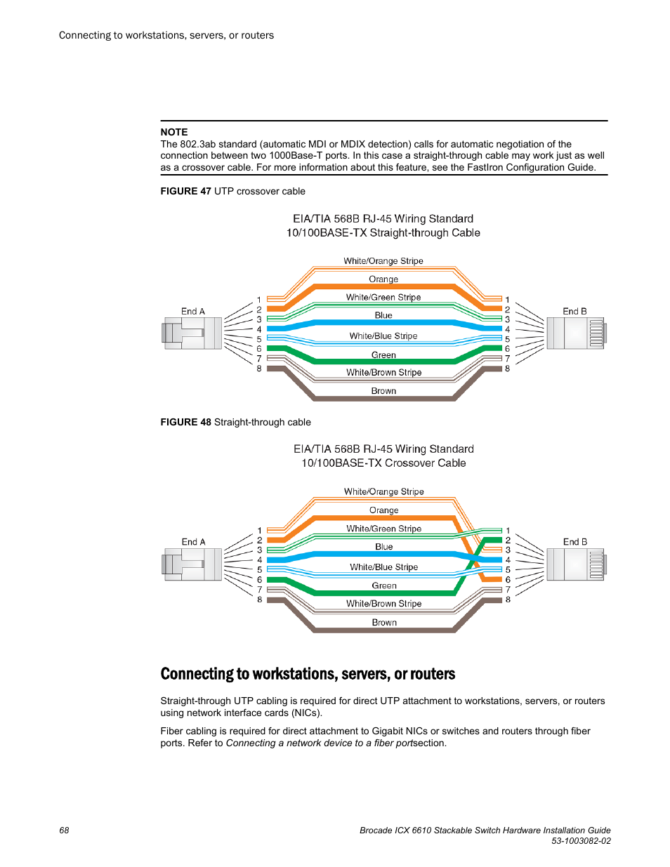 Connecting to workstations, servers, or routers | Brocade ICX 6610 Stackable Switch Hardware Installation Guide User Manual | Page 70 / 108