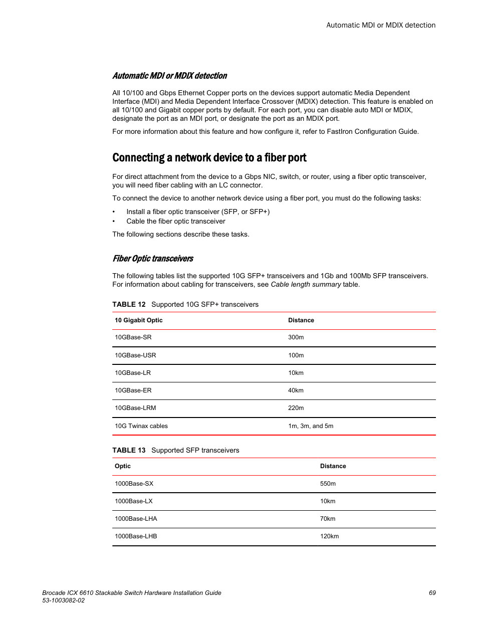 Automatic mdi or mdix detection, Connecting a network device to a fiber port, Fiber optic transceivers | Brocade ICX 6610 Stackable Switch Hardware Installation Guide User Manual | Page 71 / 108