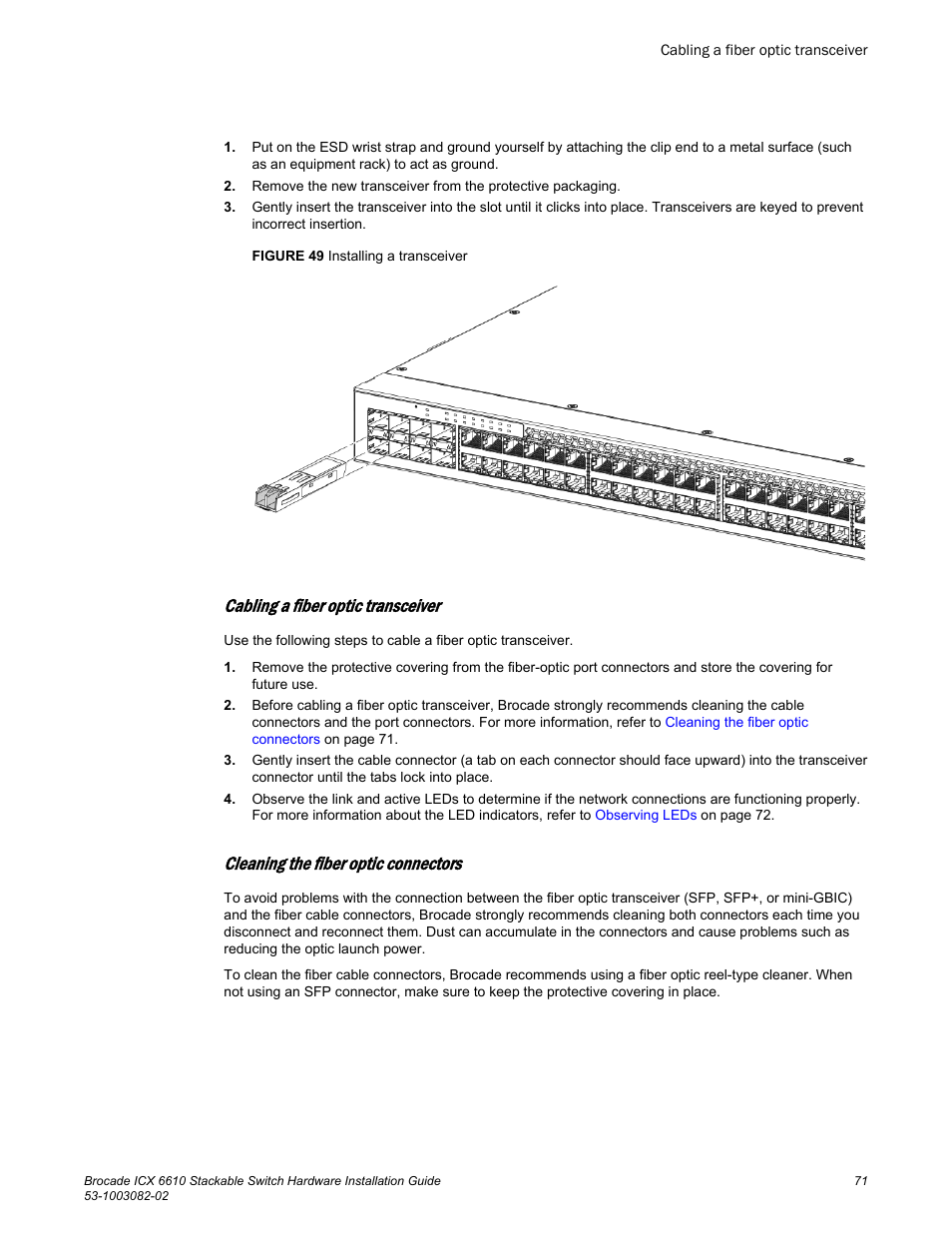 Cabling a fiber optic transceiver, Cleaning the fiber optic connectors | Brocade ICX 6610 Stackable Switch Hardware Installation Guide User Manual | Page 73 / 108