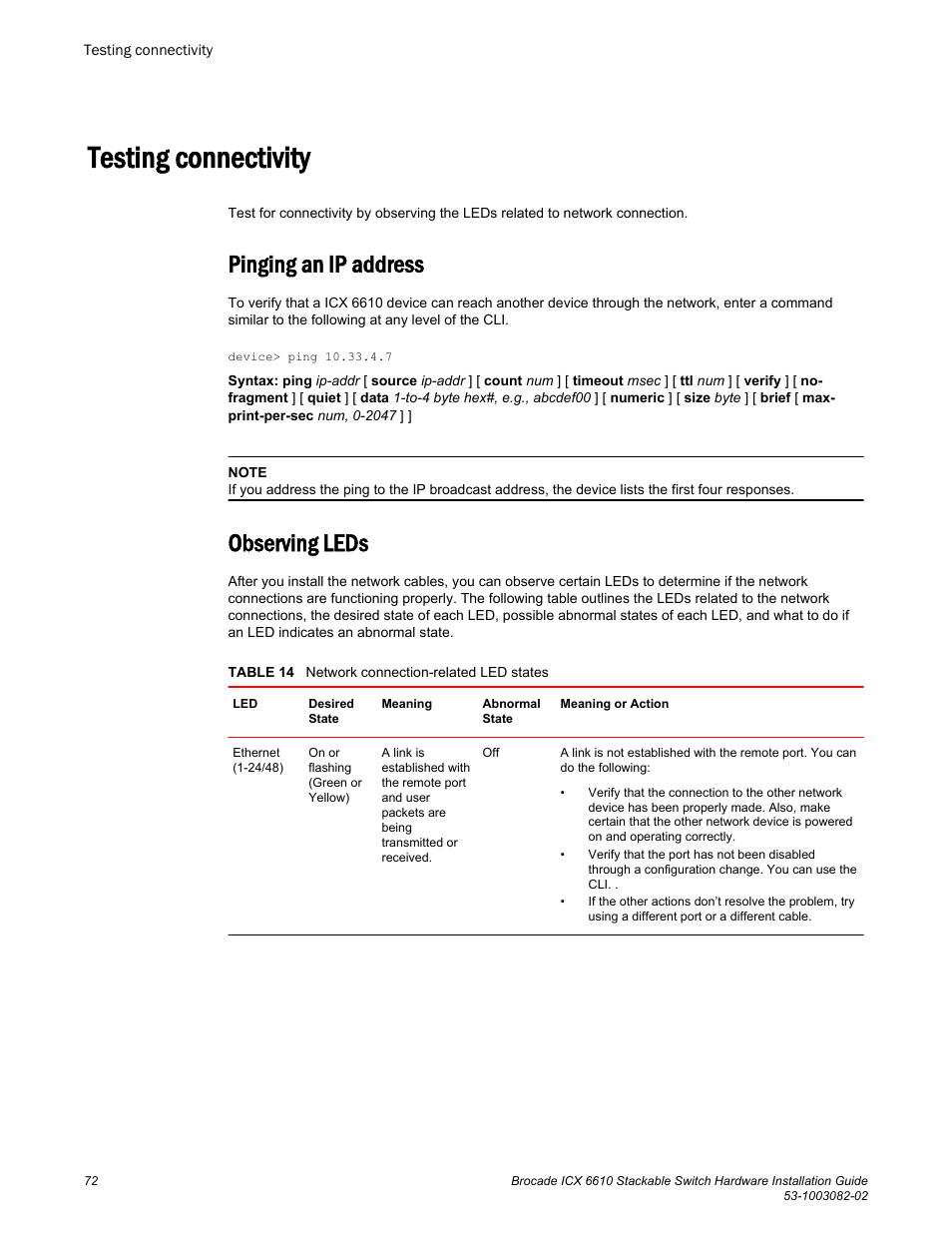 Testing connectivity, Pinging an ip address, Observing leds | Pinging an ip address observing leds | Brocade ICX 6610 Stackable Switch Hardware Installation Guide User Manual | Page 74 / 108