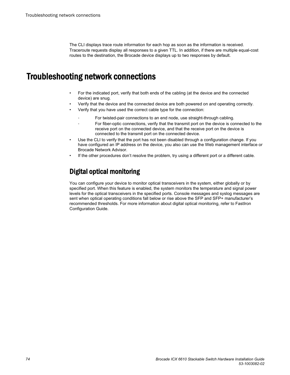 Troubleshooting network connections, Digital optical monitoring | Brocade ICX 6610 Stackable Switch Hardware Installation Guide User Manual | Page 76 / 108