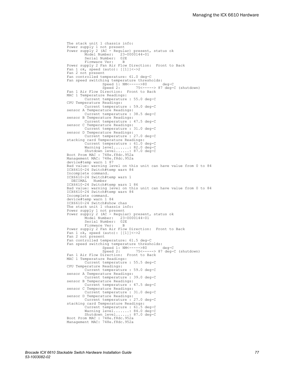 Brocade ICX 6610 Stackable Switch Hardware Installation Guide User Manual | Page 79 / 108