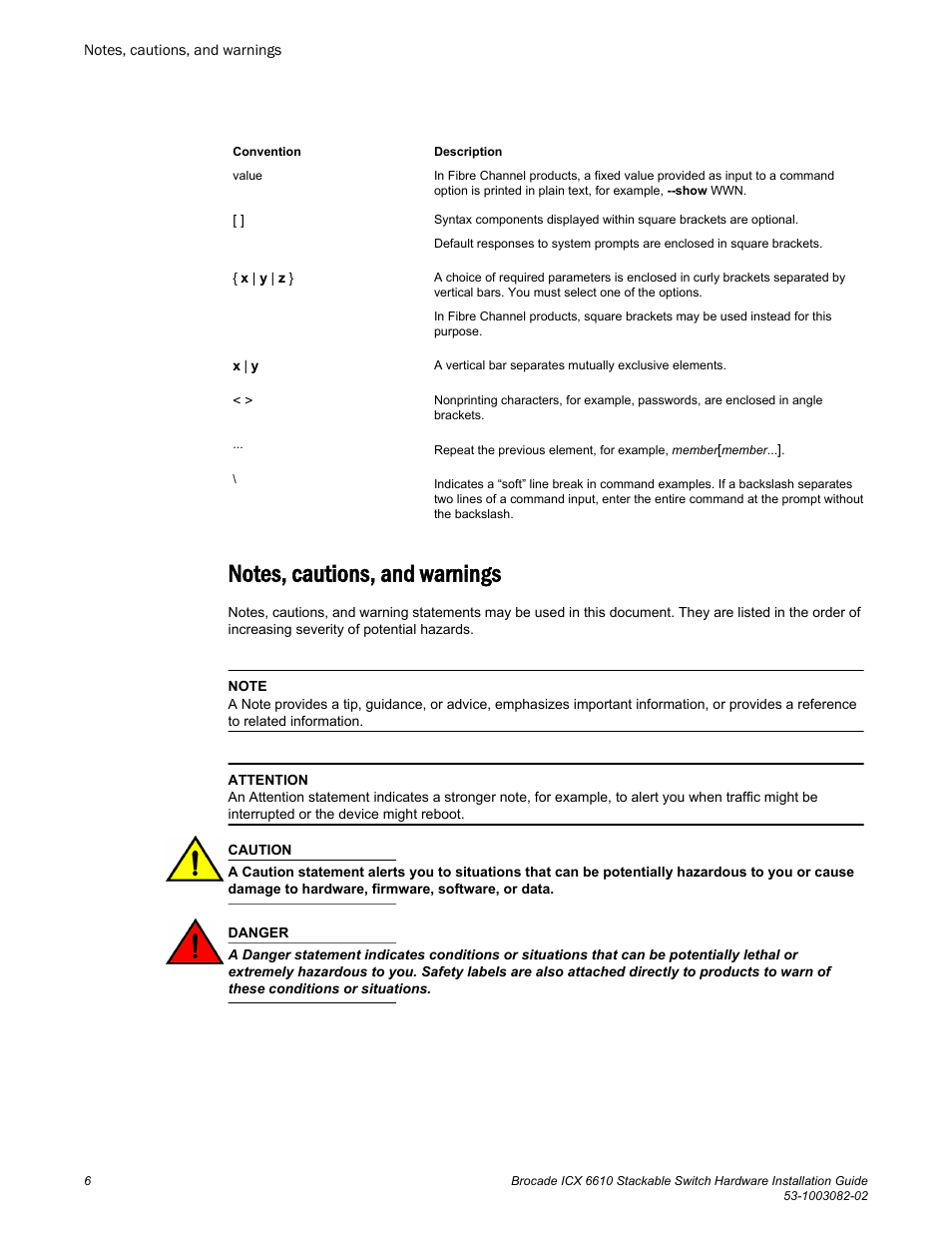 Notes, cautions, and warnings | Brocade ICX 6610 Stackable Switch Hardware Installation Guide User Manual | Page 8 / 108