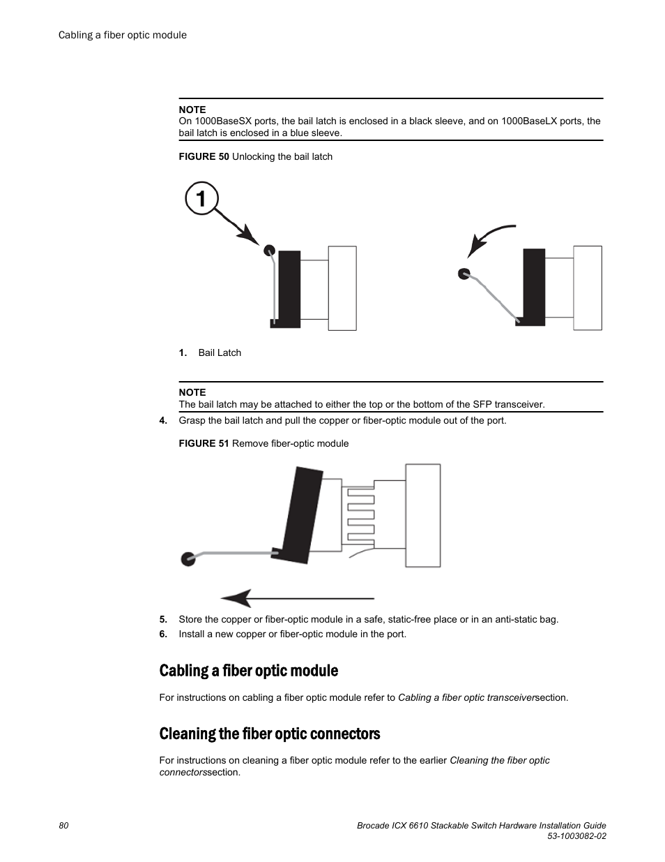 Cabling a fiber optic module, Cleaning the fiber optic connectors | Brocade ICX 6610 Stackable Switch Hardware Installation Guide User Manual | Page 82 / 108