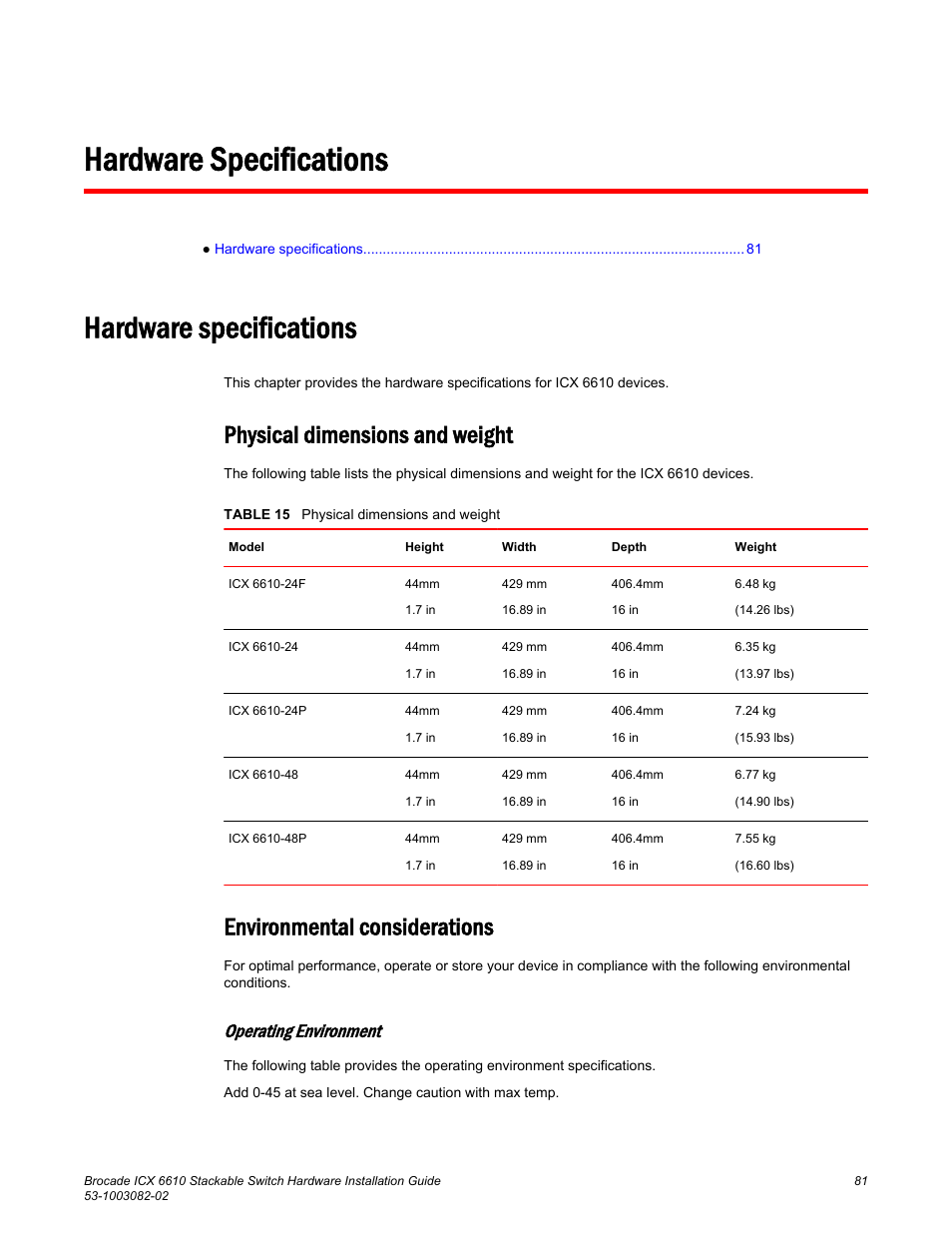 Hardware specifications, Physical dimensions and weight, Environmental considerations | Operating environment | Brocade ICX 6610 Stackable Switch Hardware Installation Guide User Manual | Page 83 / 108