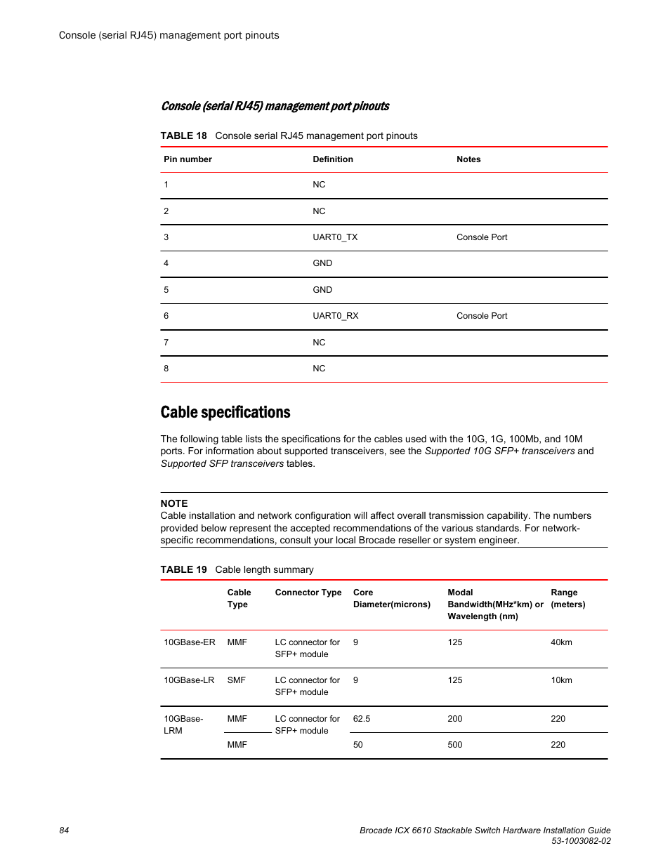 Console (serial rj45) management port pinouts, Cable specifications | Brocade ICX 6610 Stackable Switch Hardware Installation Guide User Manual | Page 86 / 108
