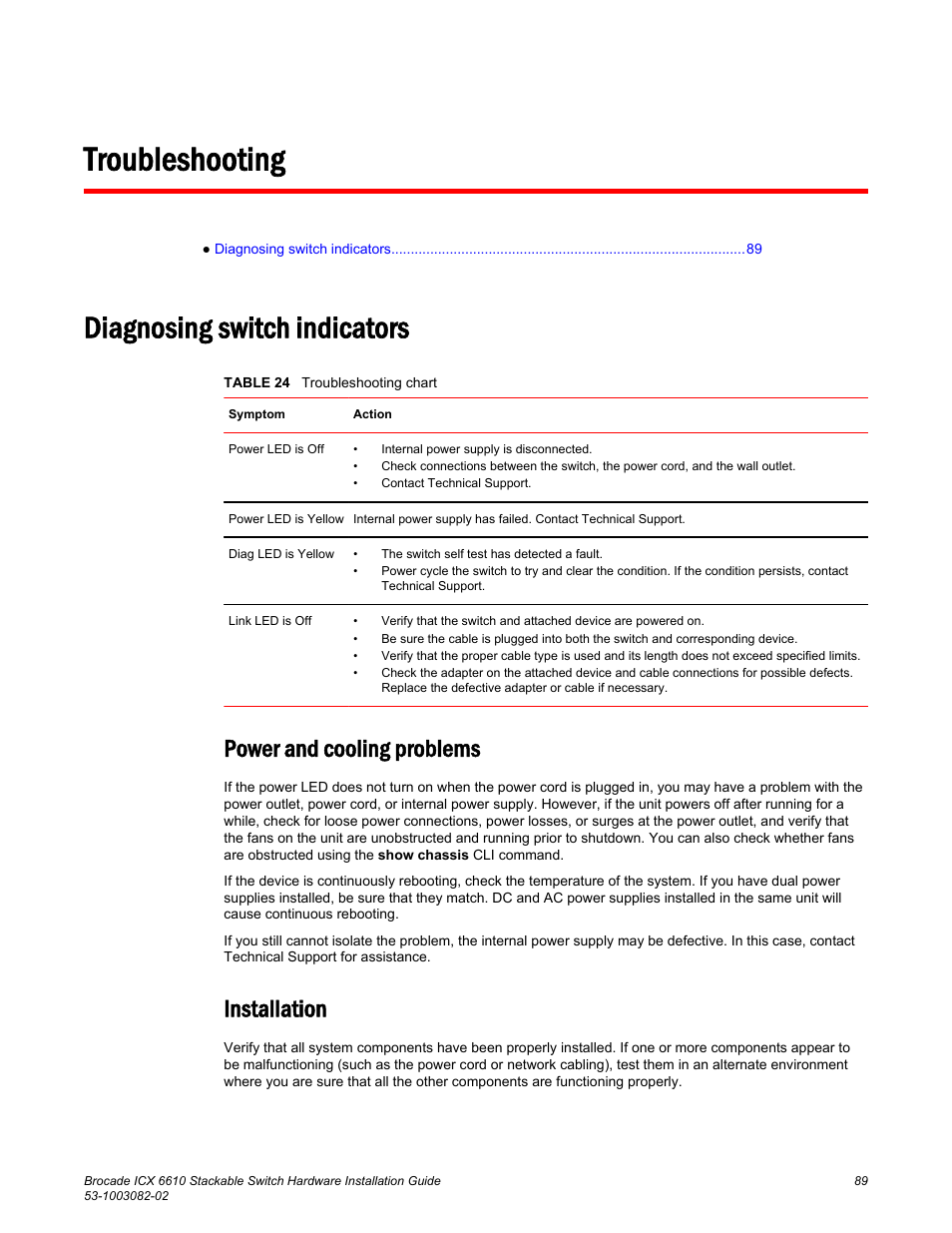 Troubleshooting, Diagnosing switch indicators, Power and cooling problems | Installation, Power and cooling problems installation | Brocade ICX 6610 Stackable Switch Hardware Installation Guide User Manual | Page 91 / 108