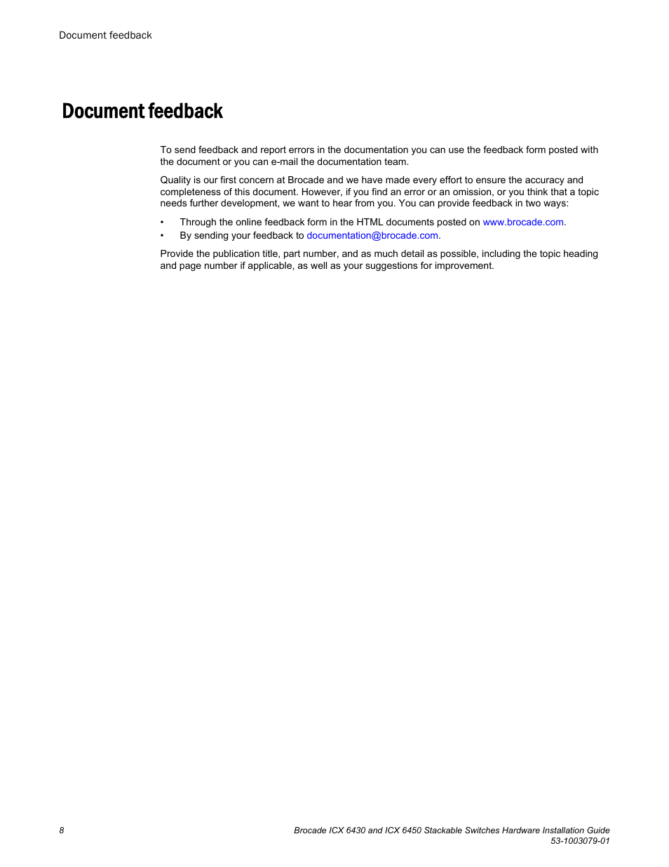 Document feedback | Brocade ICX 6450 Stackable Switches Hardware Installation Guide User Manual | Page 10 / 116