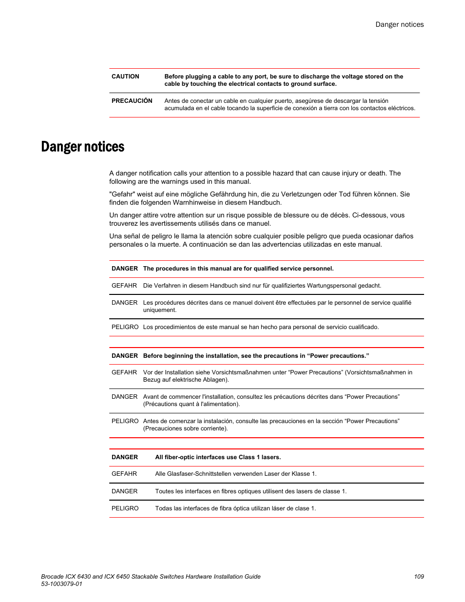 Danger notices | Brocade ICX 6450 Stackable Switches Hardware Installation Guide User Manual | Page 111 / 116