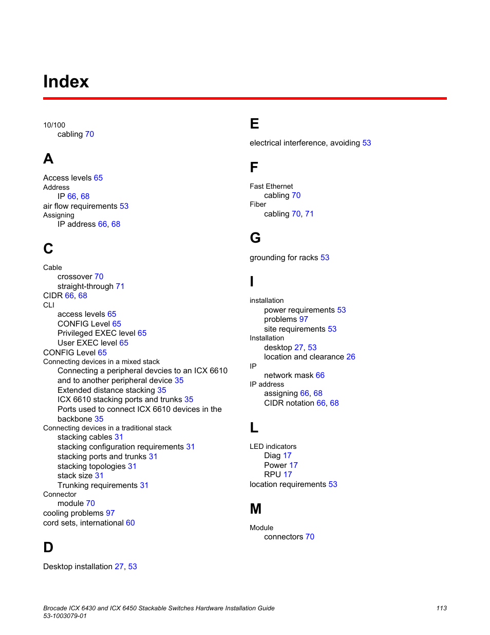 Index | Brocade ICX 6450 Stackable Switches Hardware Installation Guide User Manual | Page 115 / 116