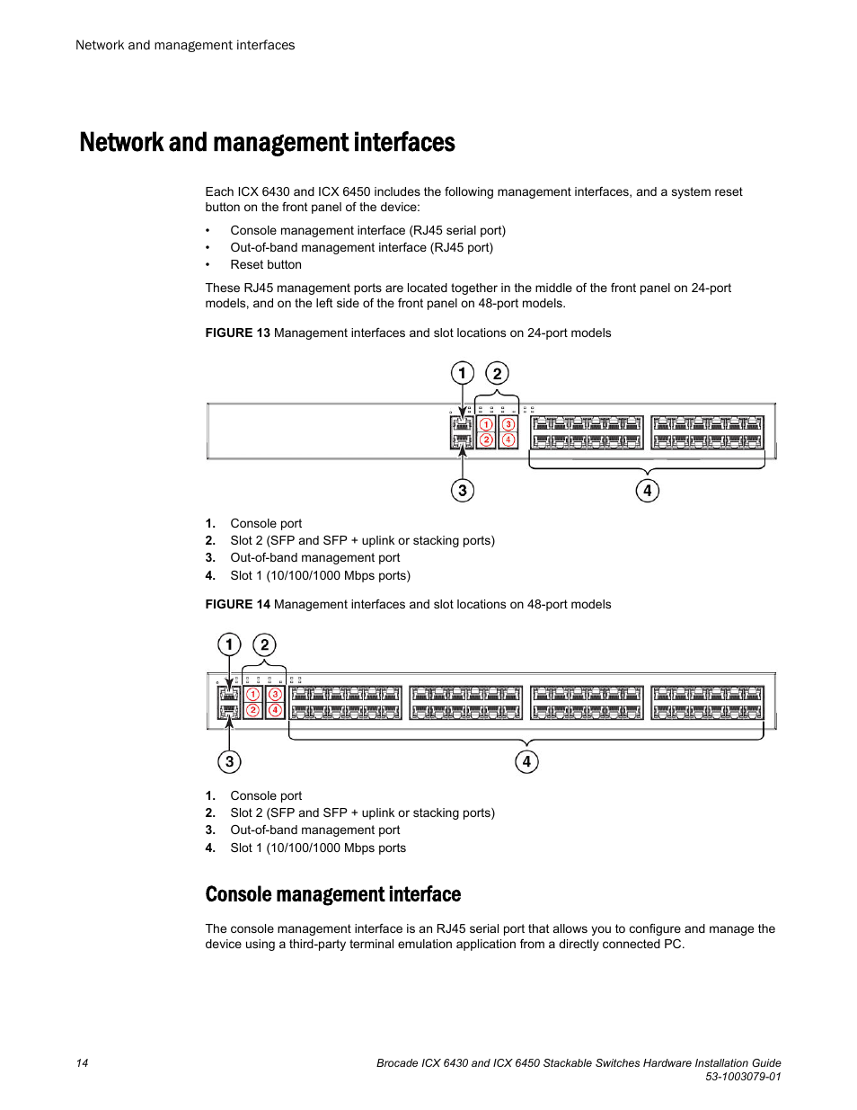 Network and management interfaces, Console management interface | Brocade ICX 6450 Stackable Switches Hardware Installation Guide User Manual | Page 16 / 116