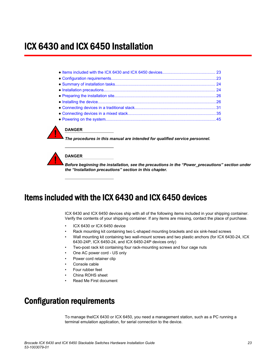 Icx 6430 and icx 6450 installation, Configuration requirements | Brocade ICX 6450 Stackable Switches Hardware Installation Guide User Manual | Page 25 / 116