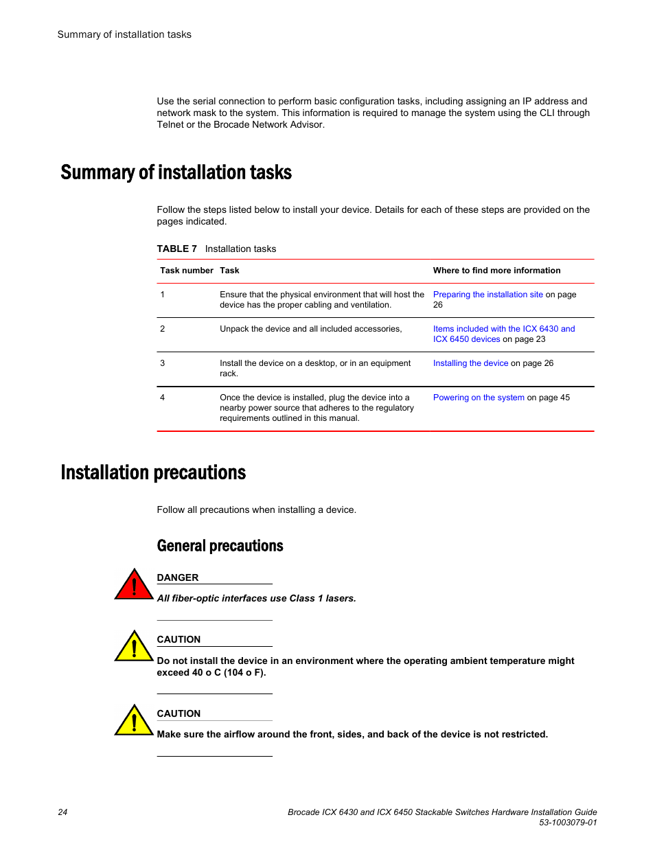 Summary of installation tasks, Installation precautions, General precautions | Brocade ICX 6450 Stackable Switches Hardware Installation Guide User Manual | Page 26 / 116