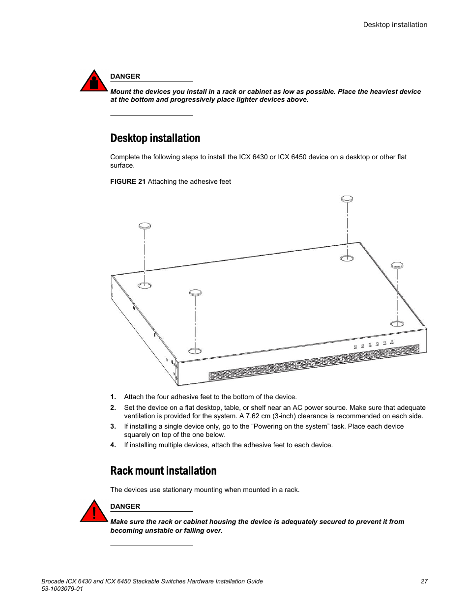 Desktop installation, Rack mount installation, Desktop installation rack mount installation | Brocade ICX 6450 Stackable Switches Hardware Installation Guide User Manual | Page 29 / 116