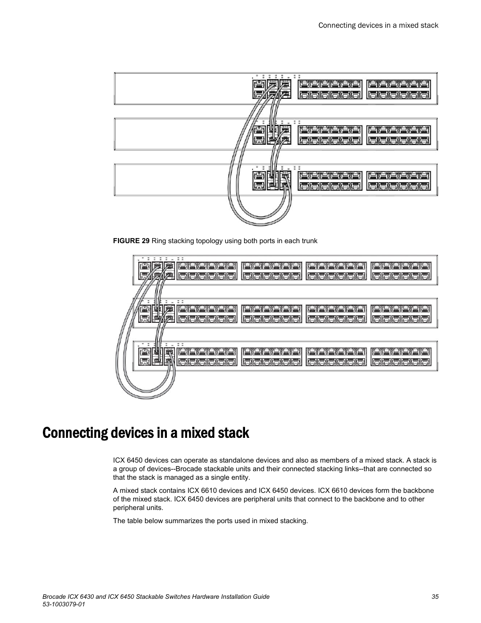 Connecting devices in a mixed stack | Brocade ICX 6450 Stackable Switches Hardware Installation Guide User Manual | Page 37 / 116