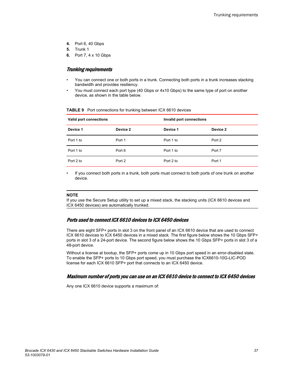Trunking requirements | Brocade ICX 6450 Stackable Switches Hardware Installation Guide User Manual | Page 39 / 116