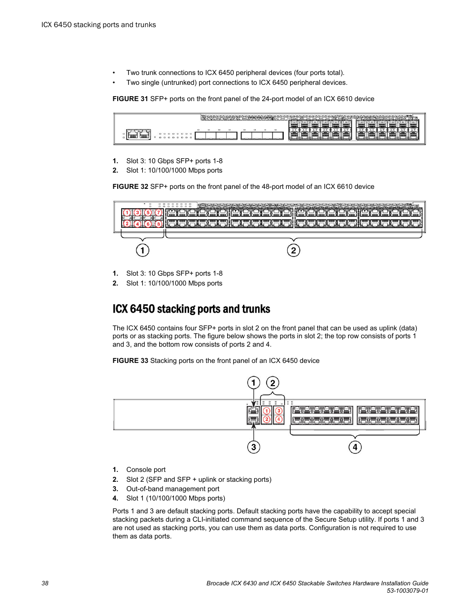 Icx 6450 stacking ports and trunks | Brocade ICX 6450 Stackable Switches Hardware Installation Guide User Manual | Page 40 / 116