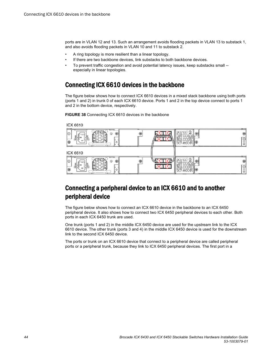 Connecting icx 6610 devices in the backbone, Peripheral device | Brocade ICX 6450 Stackable Switches Hardware Installation Guide User Manual | Page 46 / 116