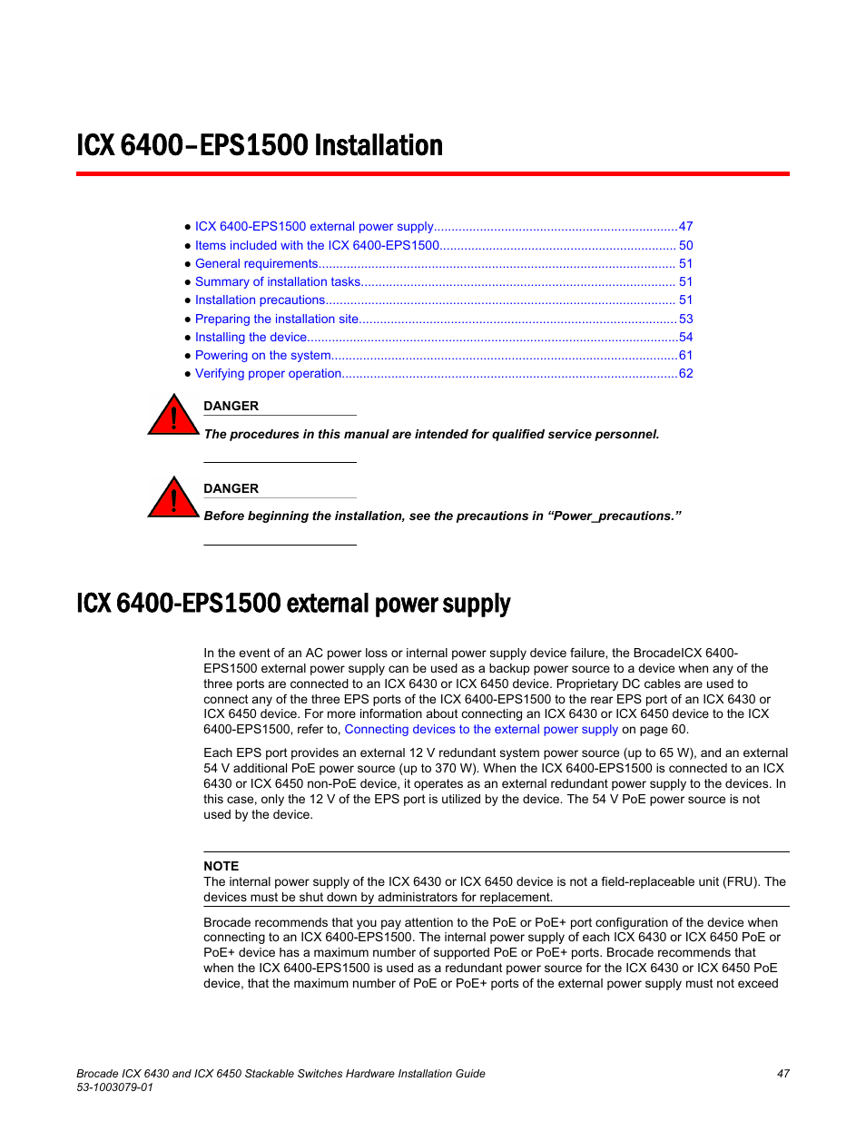 Icx 6400–eps1500 installation, Icx 6400-eps1500 external power supply | Brocade ICX 6450 Stackable Switches Hardware Installation Guide User Manual | Page 49 / 116