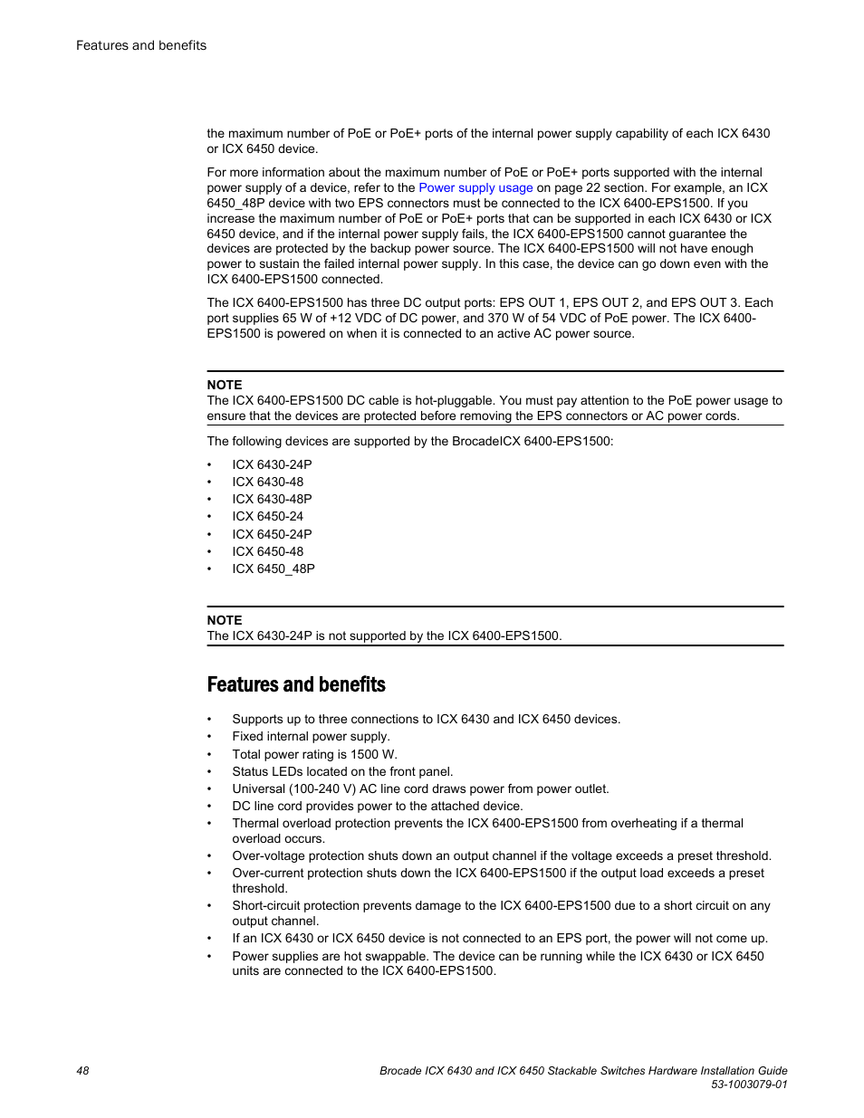 Features and benefits | Brocade ICX 6450 Stackable Switches Hardware Installation Guide User Manual | Page 50 / 116