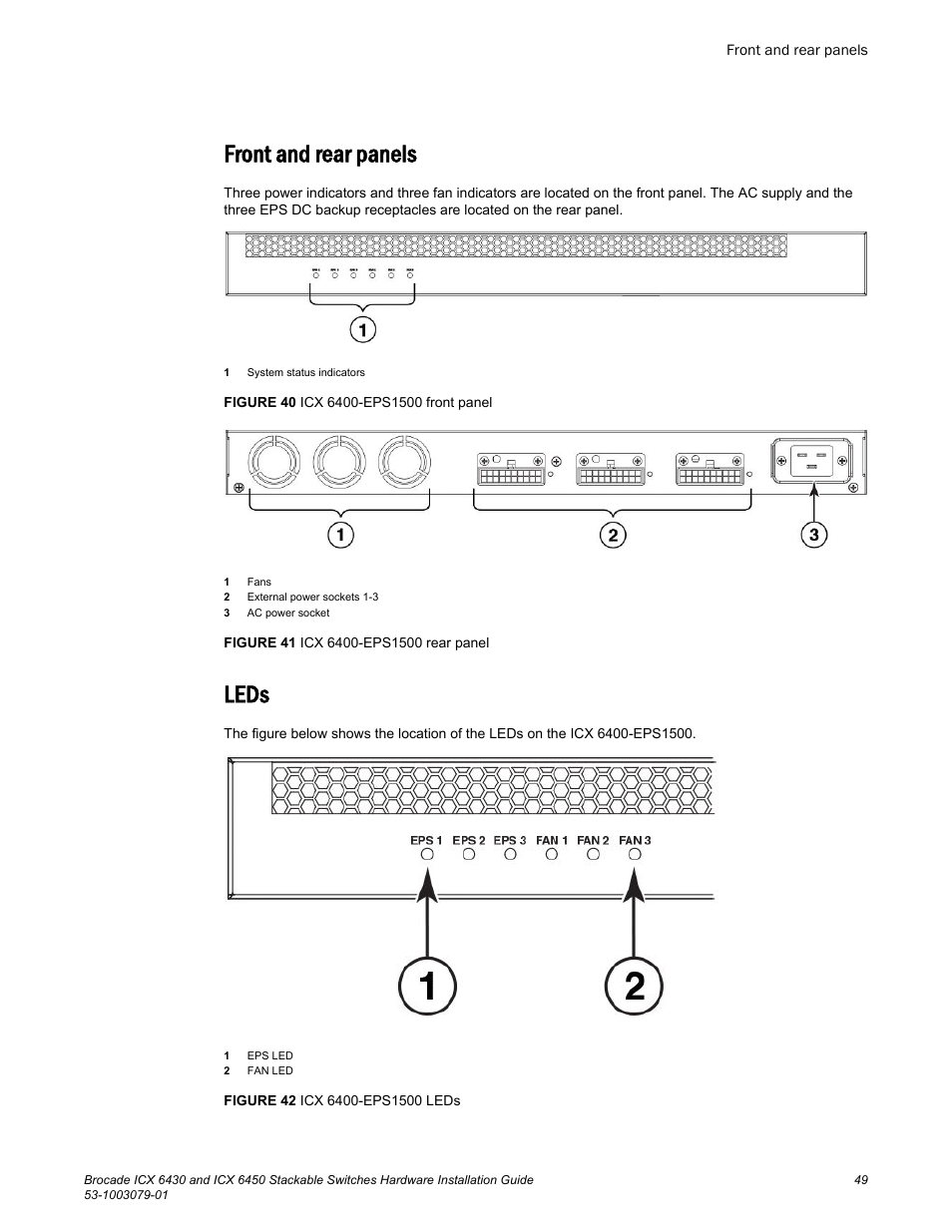 Front and rear panels, Leds, Front and rear panels leds | Brocade ICX 6450 Stackable Switches Hardware Installation Guide User Manual | Page 51 / 116