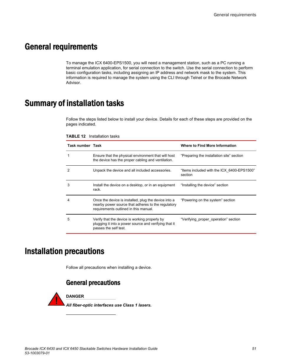 General requirements, Summary of installation tasks, Installation precautions | General precautions | Brocade ICX 6450 Stackable Switches Hardware Installation Guide User Manual | Page 53 / 116