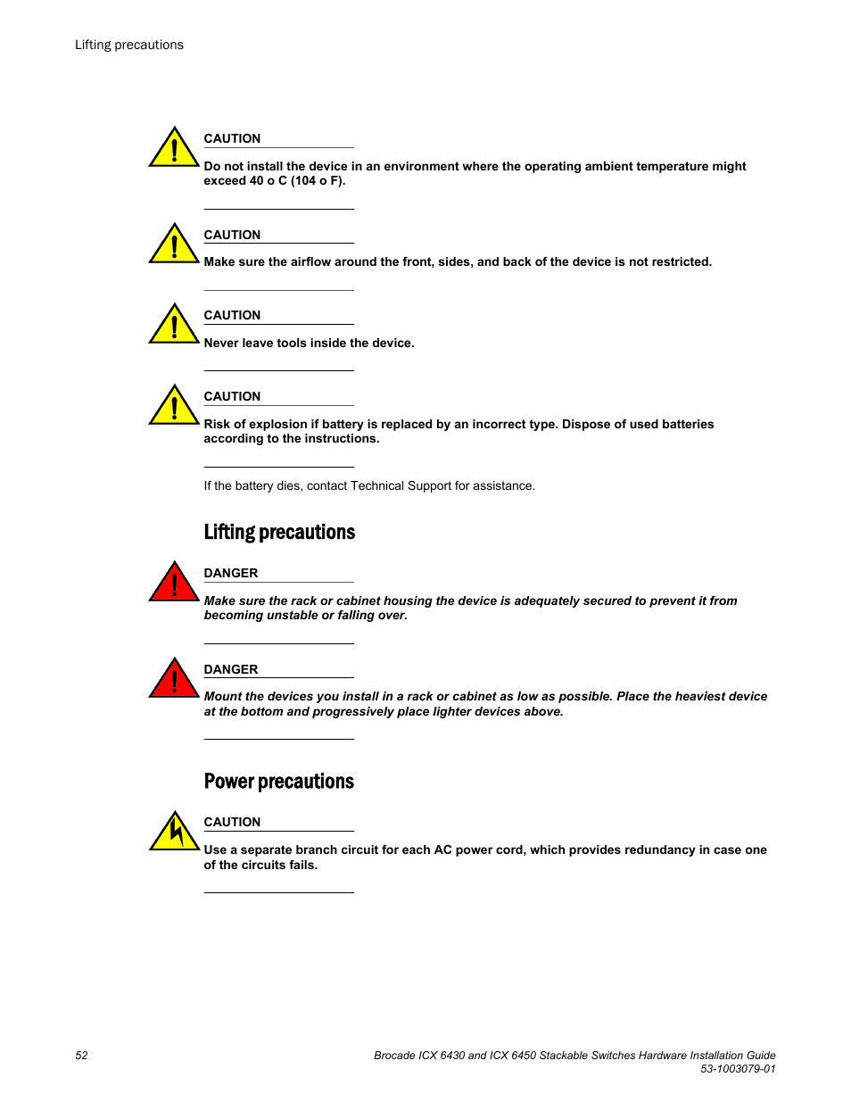 Lifting precautions, Power precautions, Lifting precautions power precautions | Brocade ICX 6450 Stackable Switches Hardware Installation Guide User Manual | Page 54 / 116