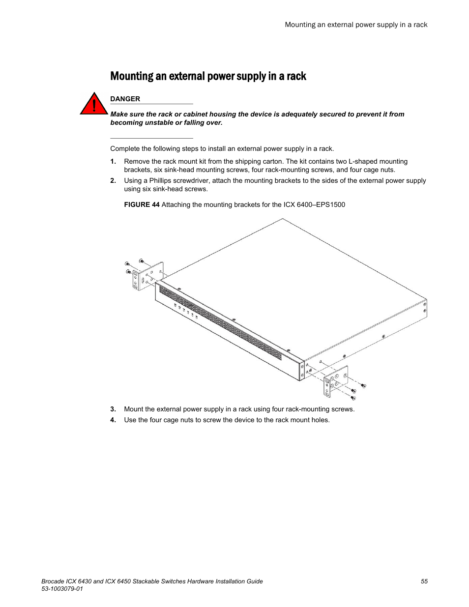 Mounting an external power supply in a rack | Brocade ICX 6450 Stackable Switches Hardware Installation Guide User Manual | Page 57 / 116