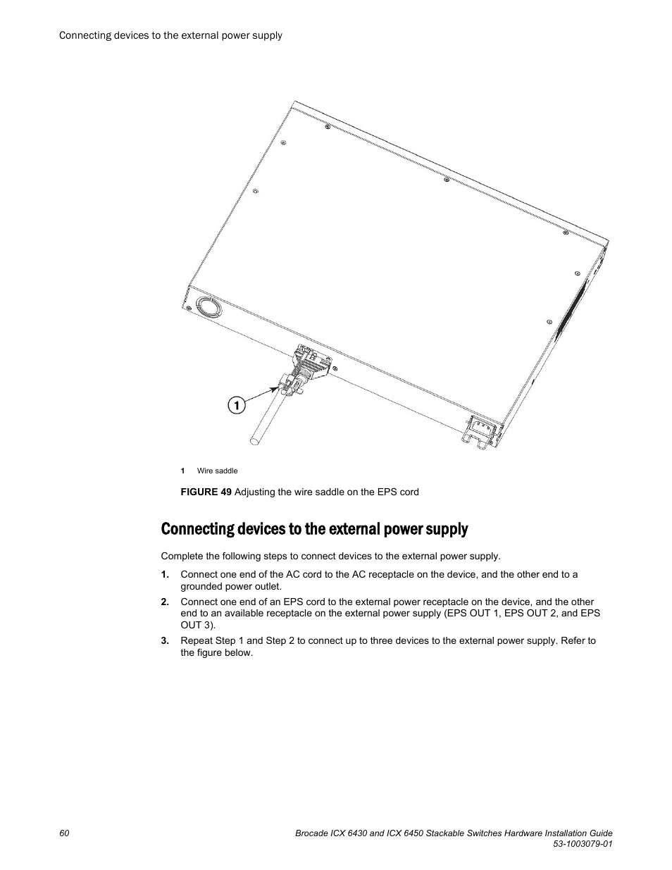 Connecting devices to the external power supply | Brocade ICX 6450 Stackable Switches Hardware Installation Guide User Manual | Page 62 / 116