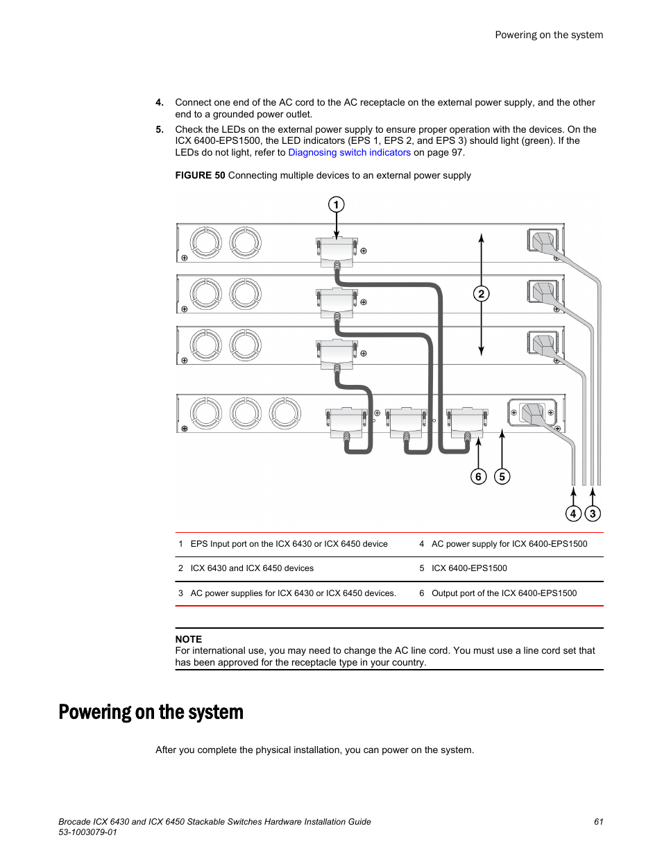 Powering on the system | Brocade ICX 6450 Stackable Switches Hardware Installation Guide User Manual | Page 63 / 116