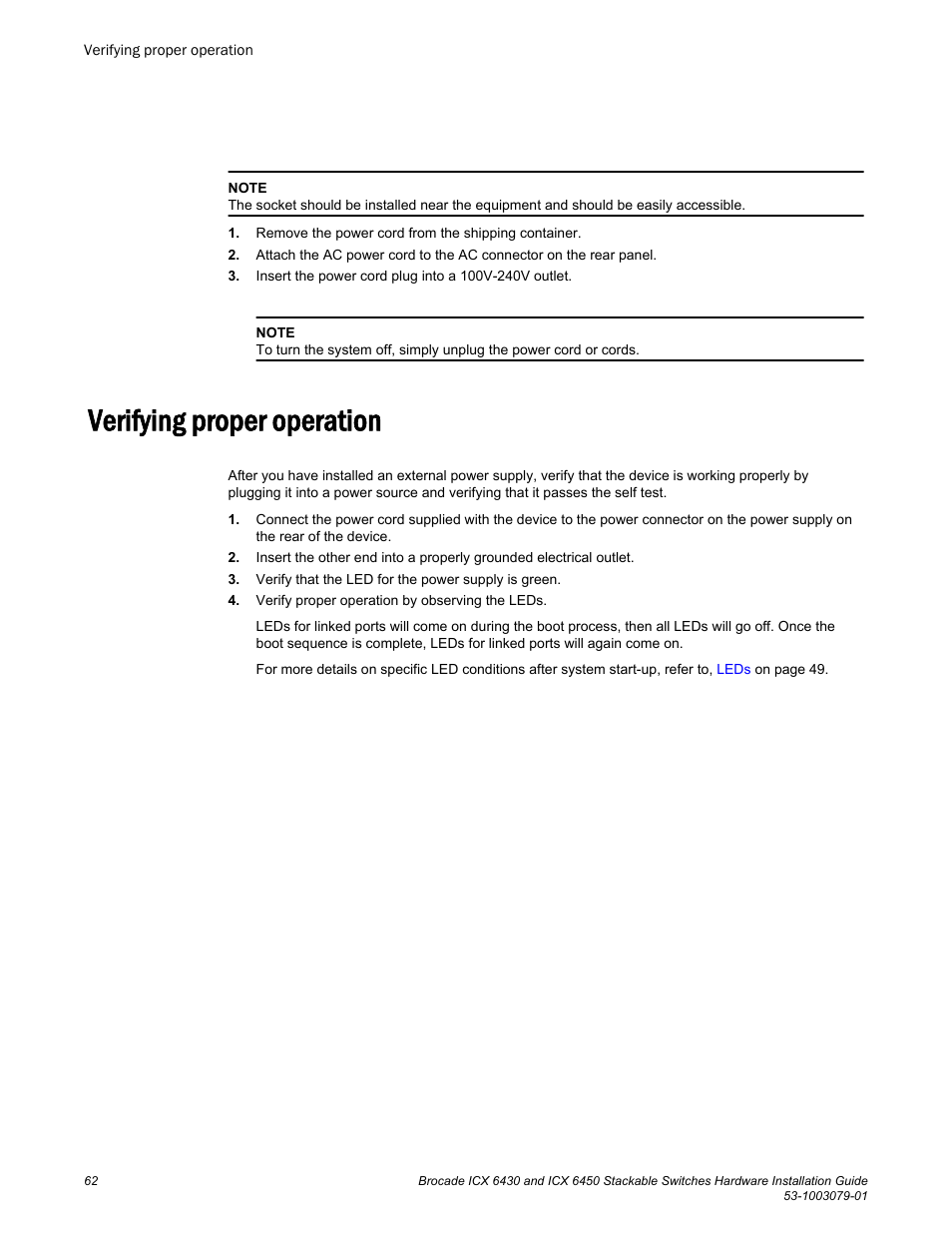 Verifying proper operation | Brocade ICX 6450 Stackable Switches Hardware Installation Guide User Manual | Page 64 / 116