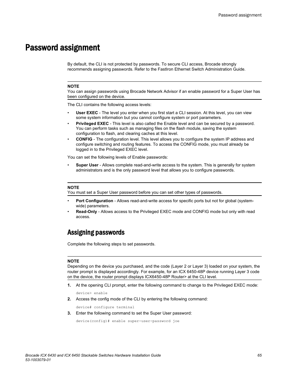 Password assignment, Assigning passwords | Brocade ICX 6450 Stackable Switches Hardware Installation Guide User Manual | Page 67 / 116