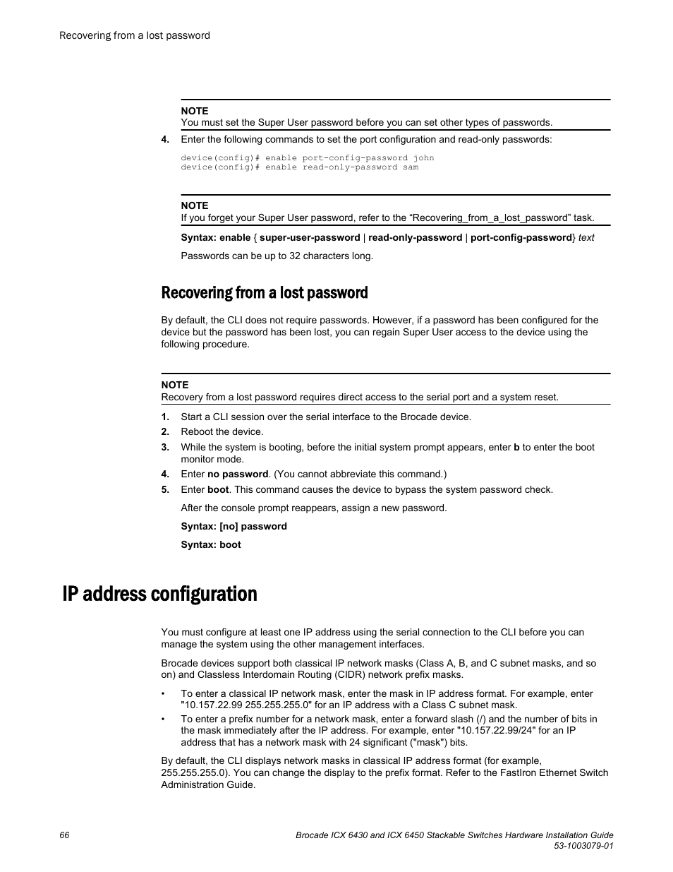 Recovering from a lost password, Ip address configuration | Brocade ICX 6450 Stackable Switches Hardware Installation Guide User Manual | Page 68 / 116