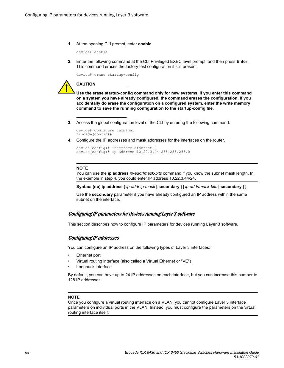 Configuring ip addresses | Brocade ICX 6450 Stackable Switches Hardware Installation Guide User Manual | Page 70 / 116