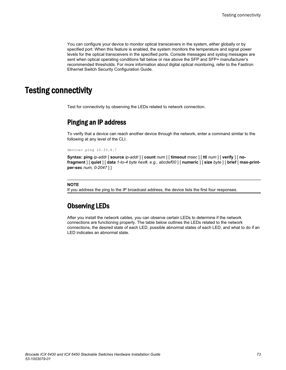 Testing connectivity, Pinging an ip address, Observing leds | Brocade ICX 6450 Stackable Switches Hardware Installation Guide User Manual | Page 75 / 116