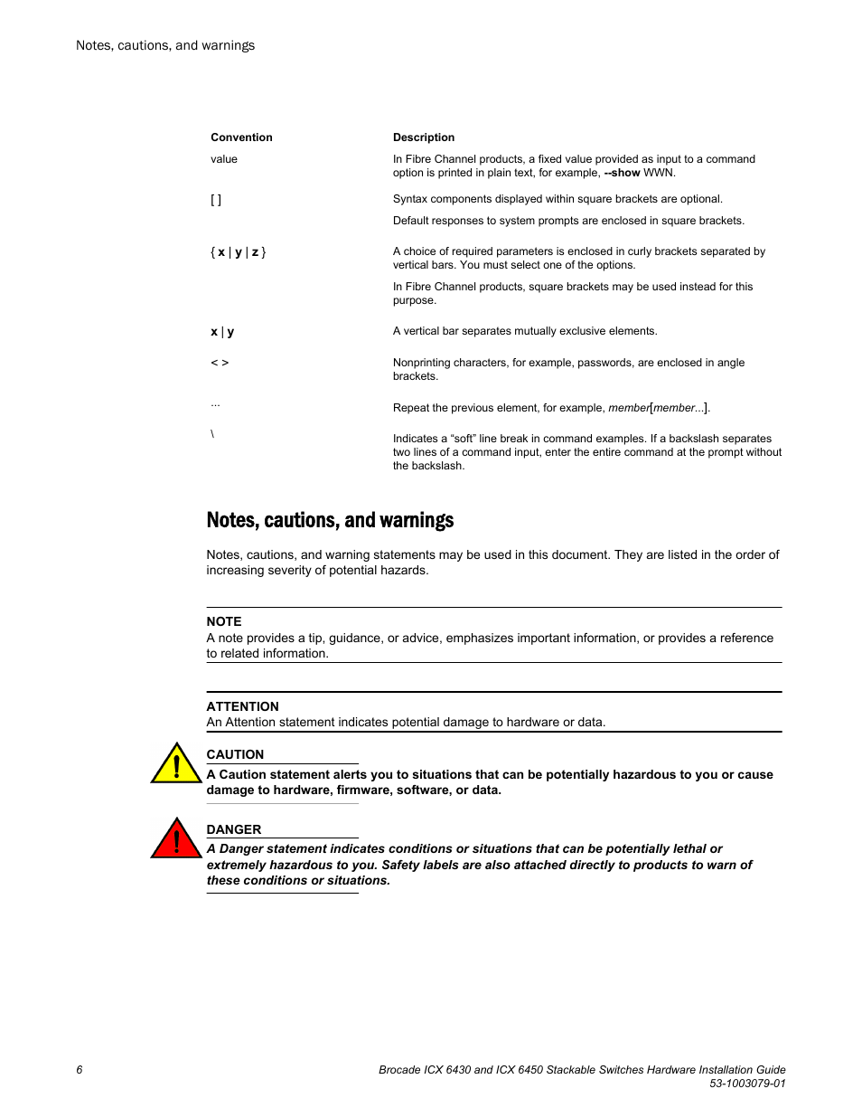 Notes, cautions, and warnings | Brocade ICX 6450 Stackable Switches Hardware Installation Guide User Manual | Page 8 / 116