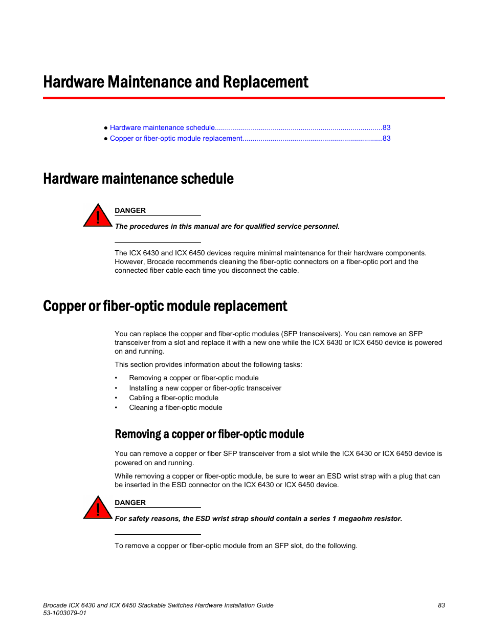 Hardware maintenance and replacement, Hardware maintenance schedule, Copper or fiber-optic module replacement | Removing a copper or fiber-optic module | Brocade ICX 6450 Stackable Switches Hardware Installation Guide User Manual | Page 85 / 116