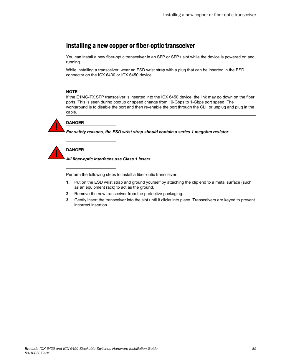 Installing a new copper or fiber-optic transceiver, Installing a new copper or fiber-optic, Transceiver | Brocade ICX 6450 Stackable Switches Hardware Installation Guide User Manual | Page 87 / 116