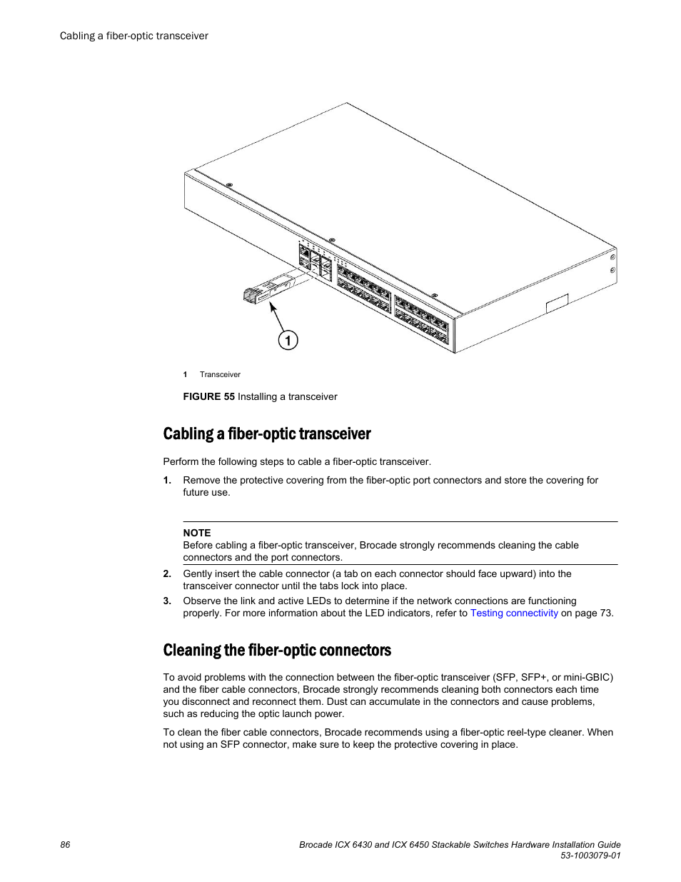 Cabling a fiber-optic transceiver, Cleaning the fiber-optic connectors | Brocade ICX 6450 Stackable Switches Hardware Installation Guide User Manual | Page 88 / 116