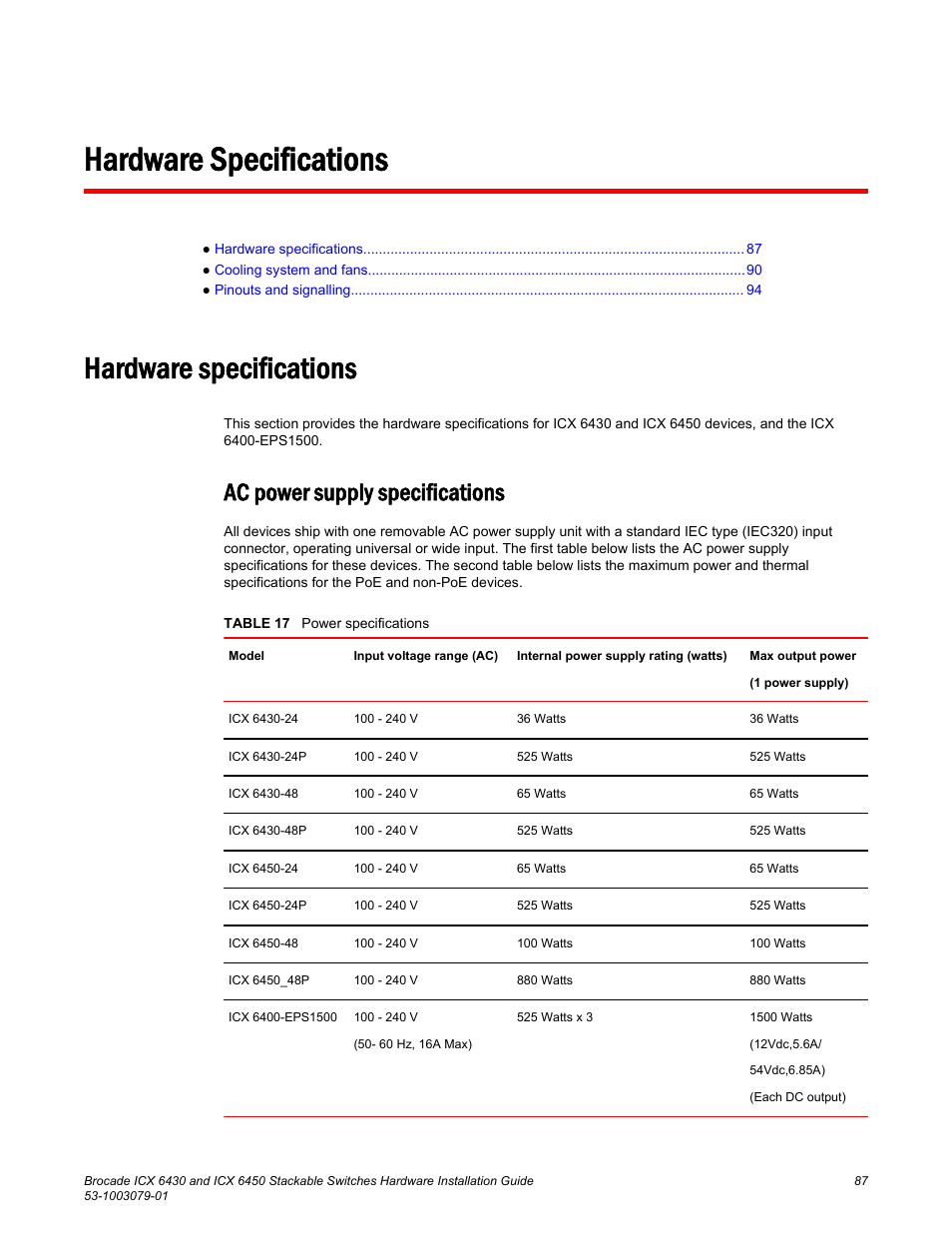 Hardware specifications, Ac power supply specifications | Brocade ICX 6450 Stackable Switches Hardware Installation Guide User Manual | Page 89 / 116