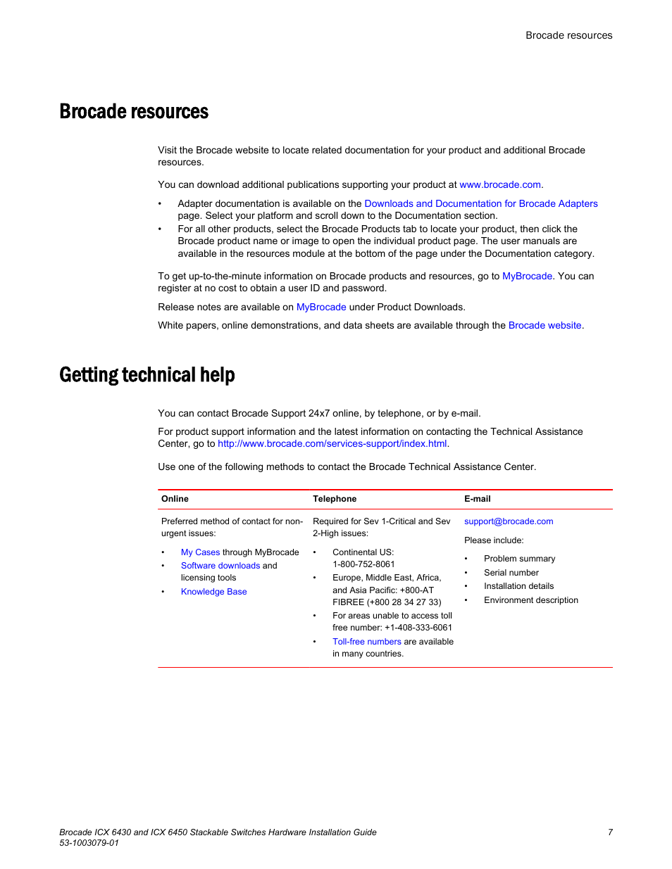 Brocade resources, Getting technical help, Brocade resources getting technical help | Brocade ICX 6450 Stackable Switches Hardware Installation Guide User Manual | Page 9 / 116
