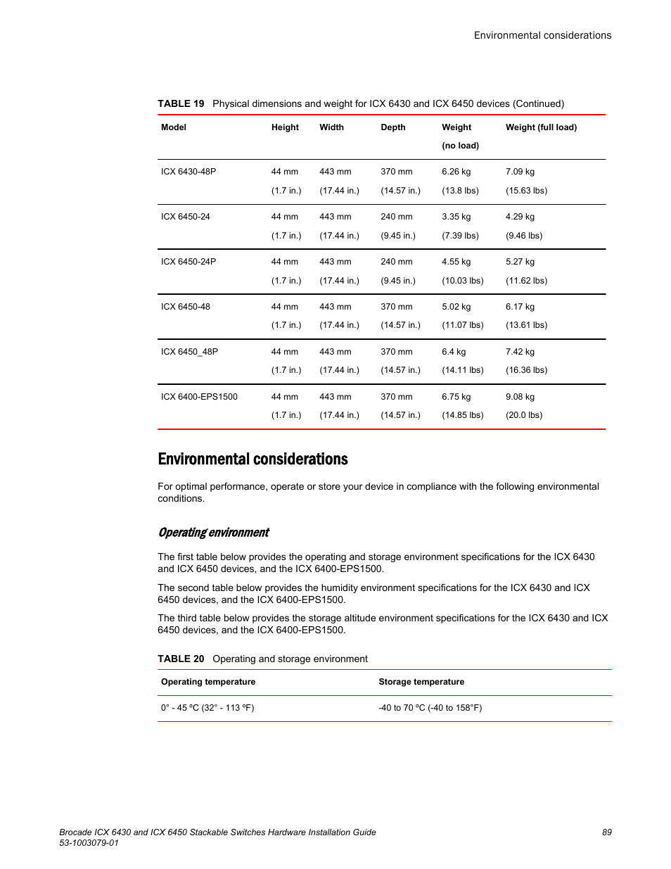 Environmental considerations, Operating environment, Temperature range. (refer to | Brocade ICX 6450 Stackable Switches Hardware Installation Guide User Manual | Page 91 / 116