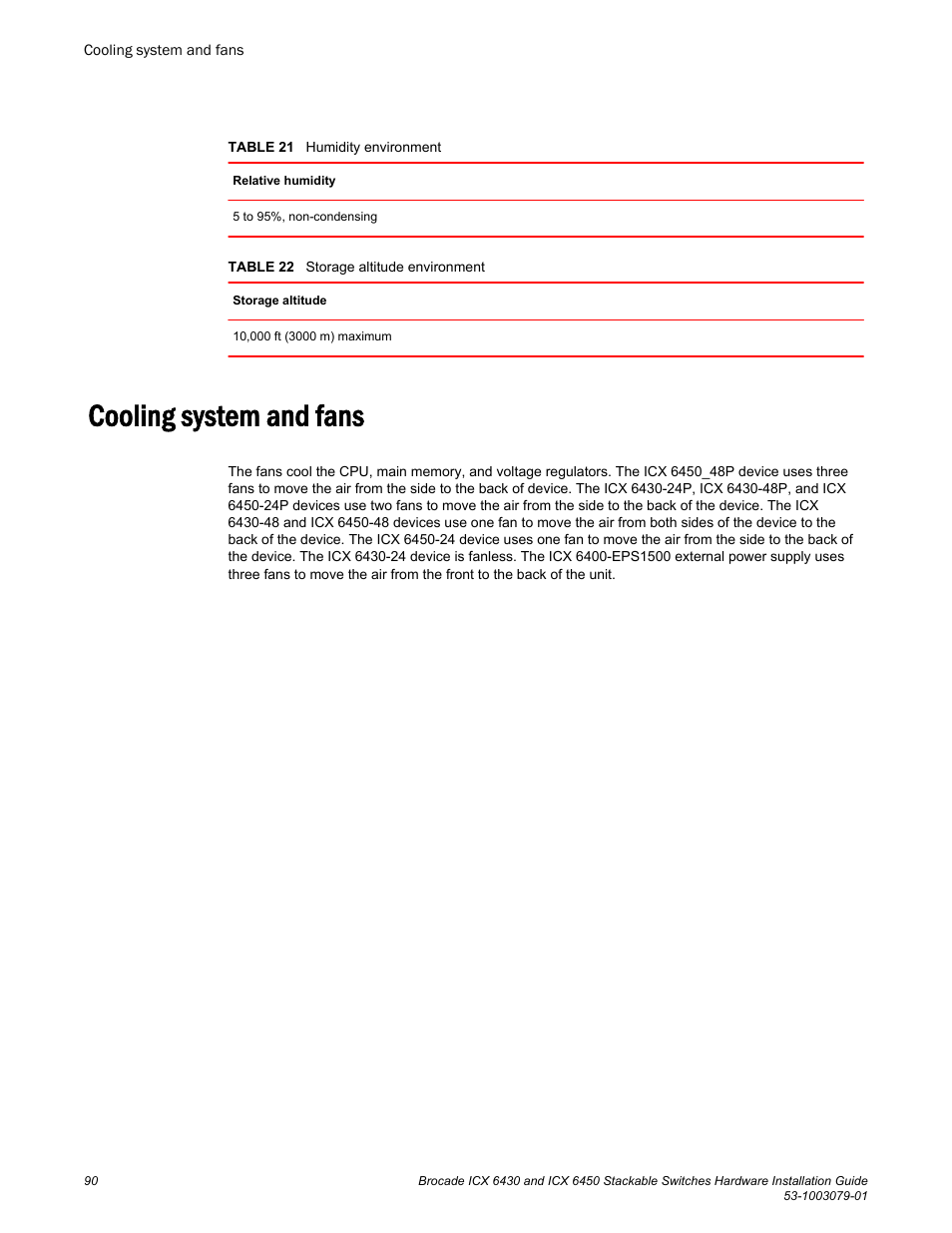 Cooling system and fans | Brocade ICX 6450 Stackable Switches Hardware Installation Guide User Manual | Page 92 / 116