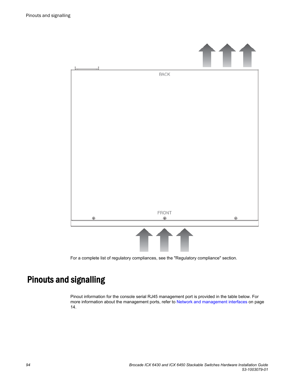 Pinouts and signalling | Brocade ICX 6450 Stackable Switches Hardware Installation Guide User Manual | Page 96 / 116