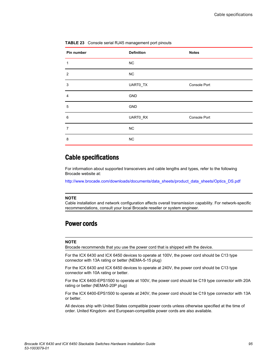 Cable specifications, Power cords, Cable specifications power cords | Brocade ICX 6450 Stackable Switches Hardware Installation Guide User Manual | Page 97 / 116