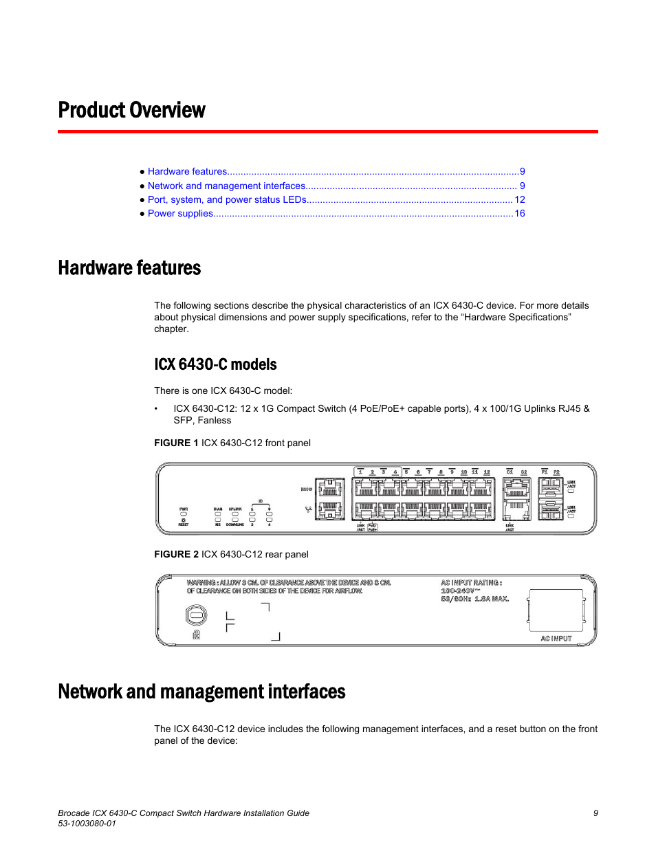 Product overview, Hardware features, Icx 6430-c models | Network and management interfaces | Brocade ICX 6430-C Compact Switch Hardware Installation Guide User Manual | Page 11 / 64